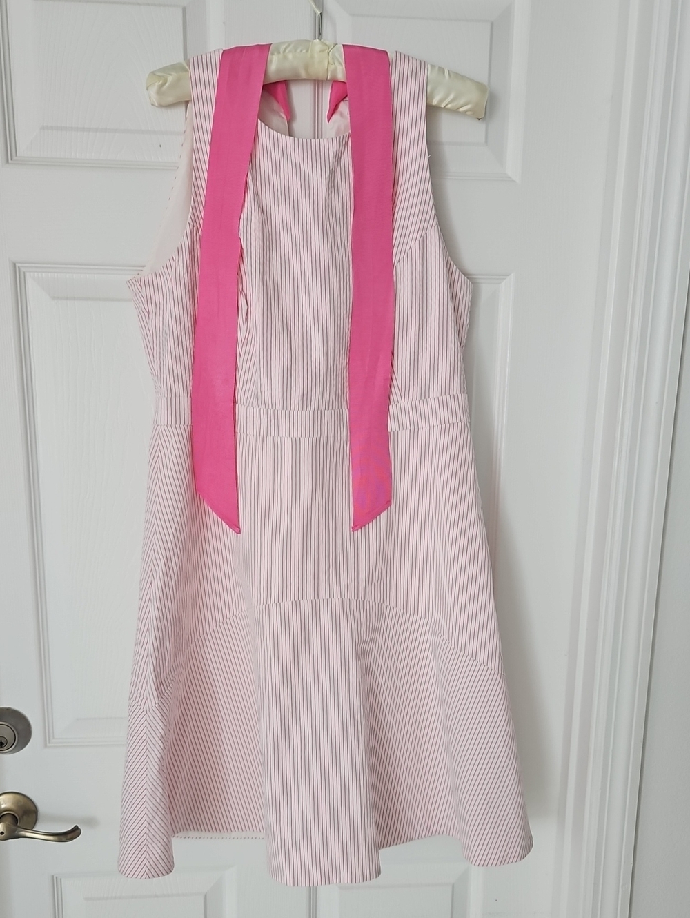 J. Crew Pink & White Striped Seersucker Midi Dress with Hot Pink Tie